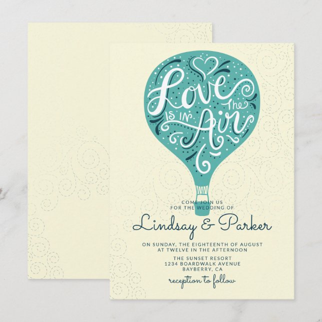 Hand Lettered Love Teal Hot Air Balloon Wedding Invitation (Front/Back)