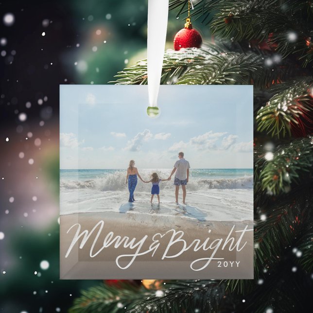 Hand Lettered Merry and Bright Holiday Photo Glass Ornament (Creator Uploaded)