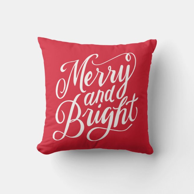 Hand-lettered Merry and Bright script design Throw Pillow (Front)