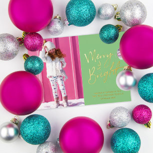 Hand Lettered Merry & Bright Photo Foil Holiday Card