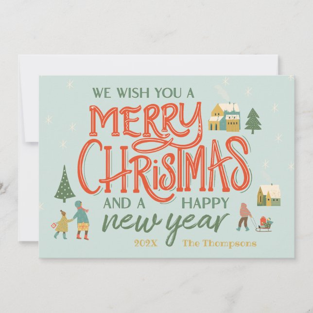 Hand Lettered Merry Christmas Village Holiday Card (Front)