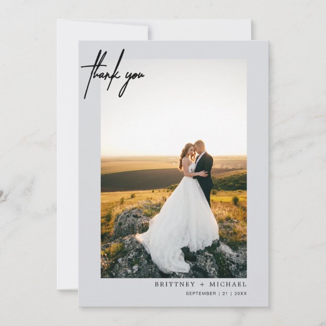 Hand-Lettered Modern Simple Photo Grey Thank You Card (Front)