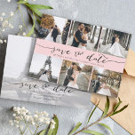Hand Lettered Photo Collage Save the Date Pink<br><div class="desc">Pick the best pictures from your engagement shoot or your favourite pictures of the two of you for this perfect save the date. The words save the date are handwritten to give a personal feel to the card. The front has 6 images and the back has a large image with...</div>