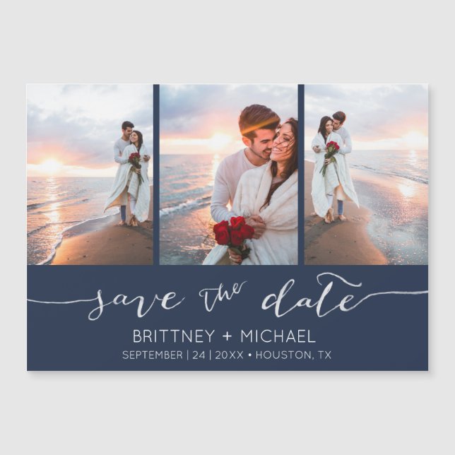 Hand Lettered Photo Navy Blue Save the Date (Front)