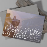 Hand-lettered Photo Save The Date<br><div class="desc">Curly fun lettering "Save the Date" over full bleed photo. customize to change the fonts of the editable text and backer. Lettering by Becky Nimoy</div>