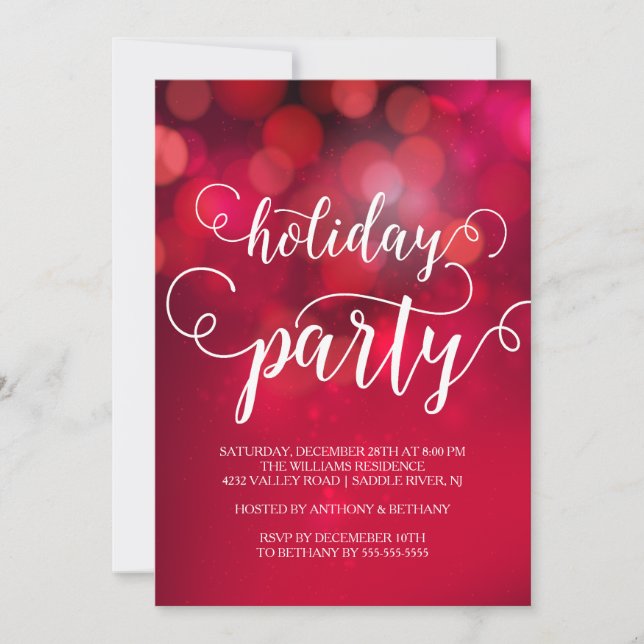 Hand Lettered Red Bokeh Lights Holiday Party Invitation (Front)