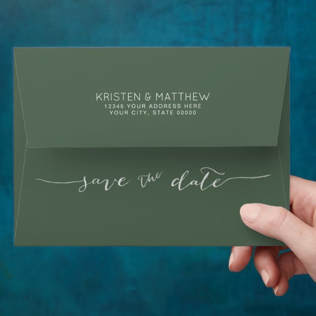 Hand-Lettered Save the Date Address Dark Sage Envelope (Hand)
