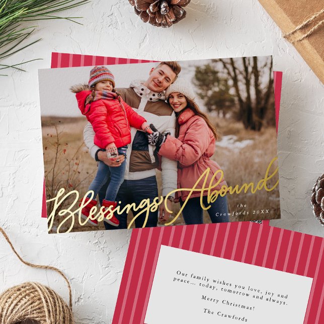 Hand Lettered Script Blessings Christmas Photo Foil Holiday Postcard (Hand lettered gold foil Christmas card with scripted "blessings abound")