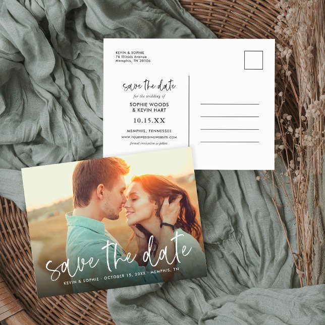 Hand-Lettered Script Photo Overlay Save the Date Announcement Postcard (Creator Uploaded)