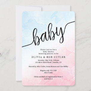 Hand Lettered Script Pink and Blue Baby Shower Invitation