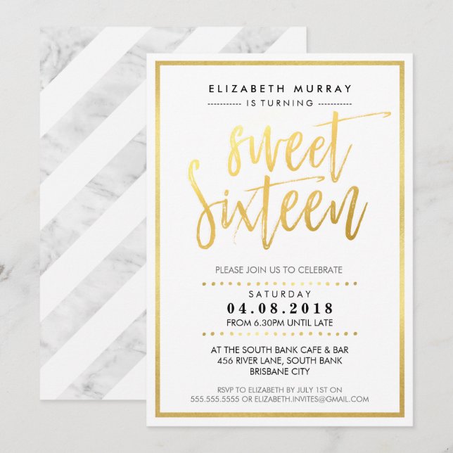 HAND LETTERED SCRIPT sweet 16 trendy hot gold foil Invitation (Front/Back)
