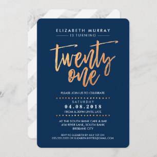 HAND LETTERED SCRIPT type trendy copper foil navy Invitation