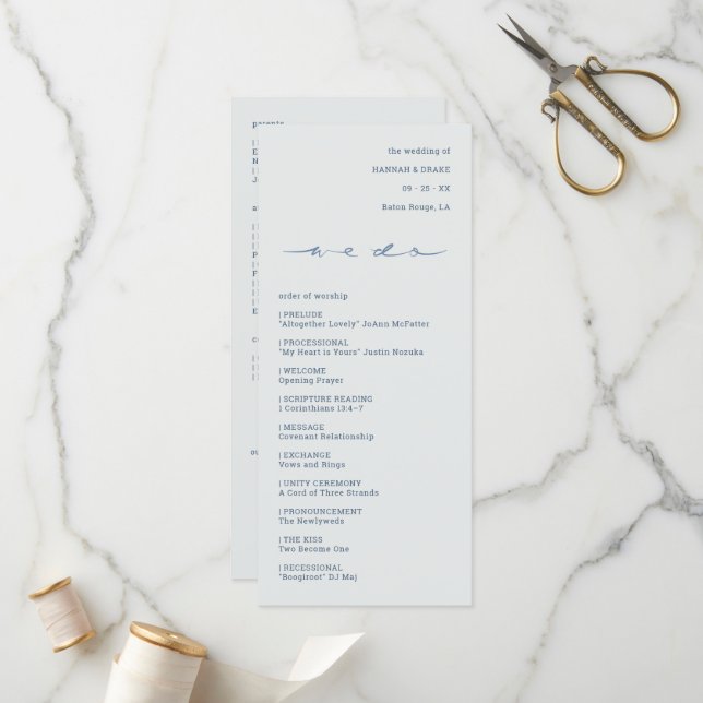 Hand Lettered Script "We Do" Wedding Ceremony Program (Front/Back In Situ)