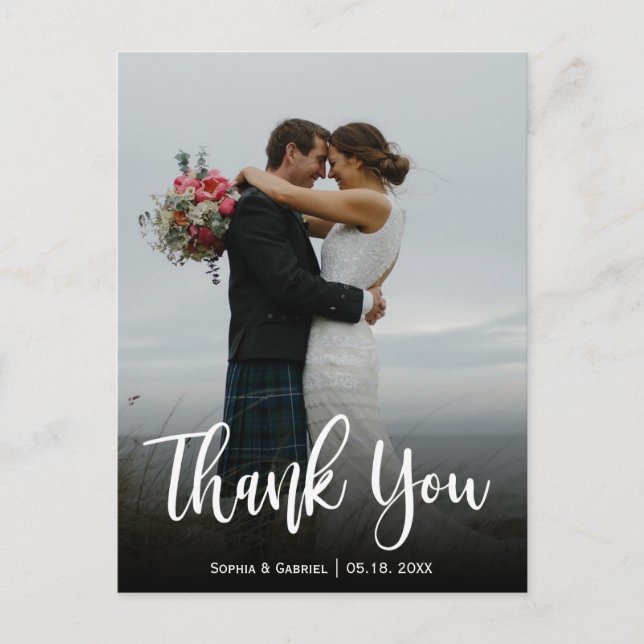 Hand Lettered Script Wedding Photo Thank You  Postcard (Front)