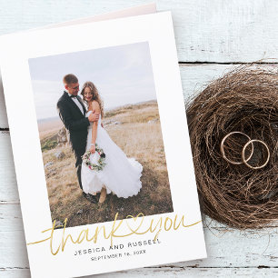 Hand Lettered Script with Heart Photos Wedding Thank You Card