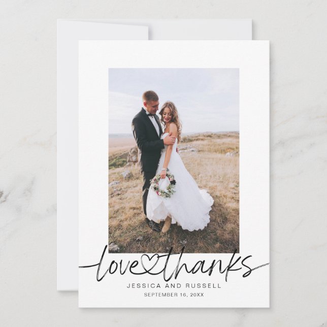 Hand Lettered Script with Heart Photos Wedding Thank You Card (Front)