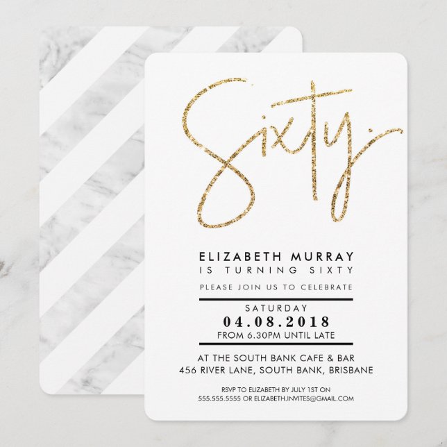 HAND LETTERED simple gold glitter sixty 60th Invitation (Front/Back)