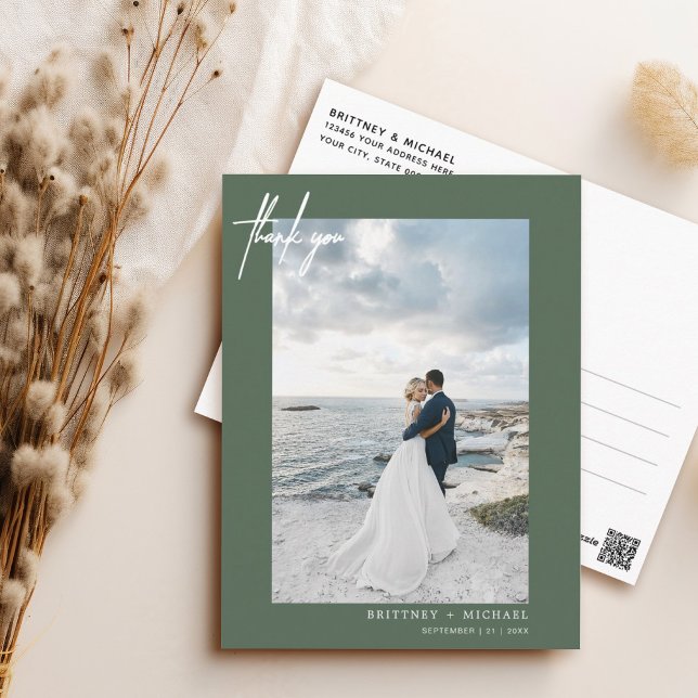 Hand-Lettered Simple Sage Thank you Postcard (Elegant hand lettered thank you wedding postcard with a minimalistic design perfect for any couple.)