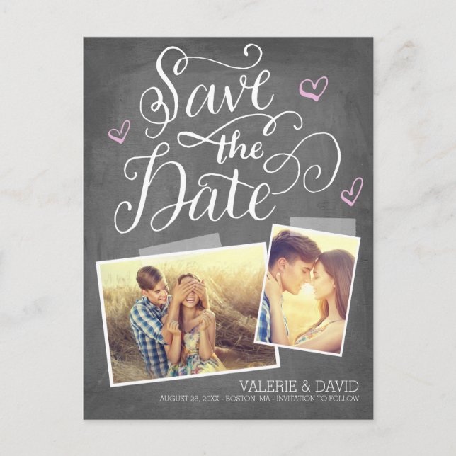 Hand lettered Snapshot 2-Photo Save the Date Announcement Postcard (Front)