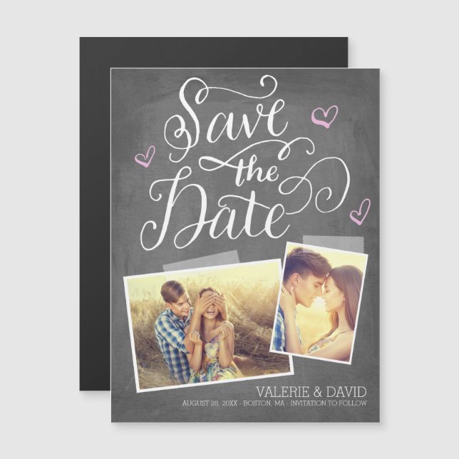 Hand lettered Snapshot 2-Photo Save the Date Magnetic Invitation (Front/Back)