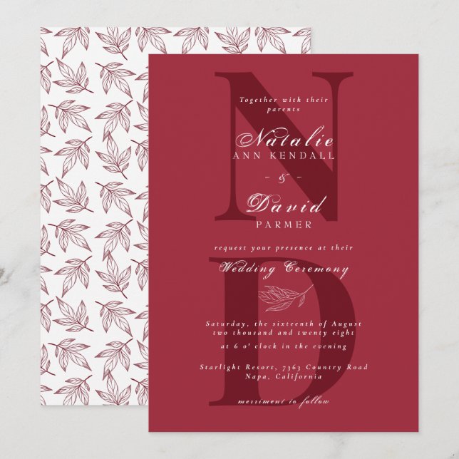 Hand Lettered Solid Colour Elegant Fall Wedding  Invitation (Front/Back)