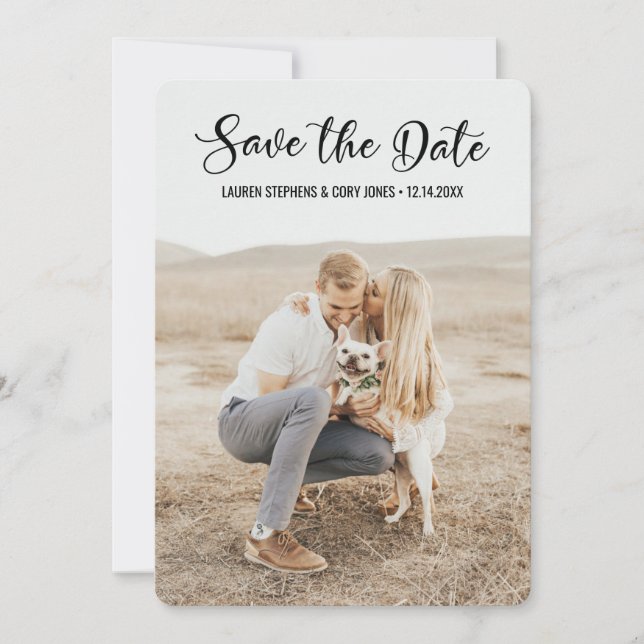 Hand Lettered White and Black Script Save The Date (Front)