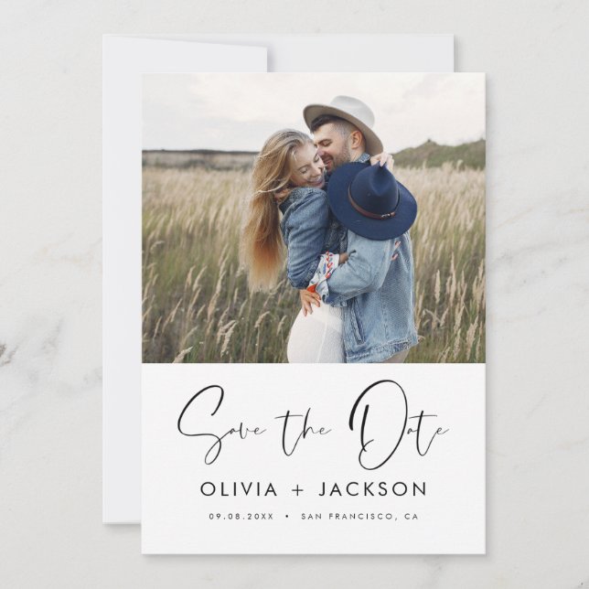 Hand Lettered White Save the Date Photo Script (Front)