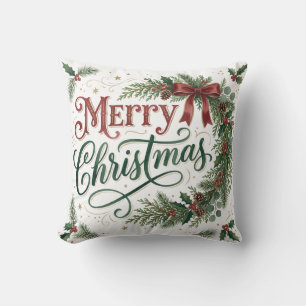 Hand Lettering Christmas Wreath Throw Pillow