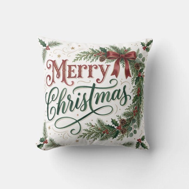 Hand Lettering Christmas Wreath Throw Pillow (Front)