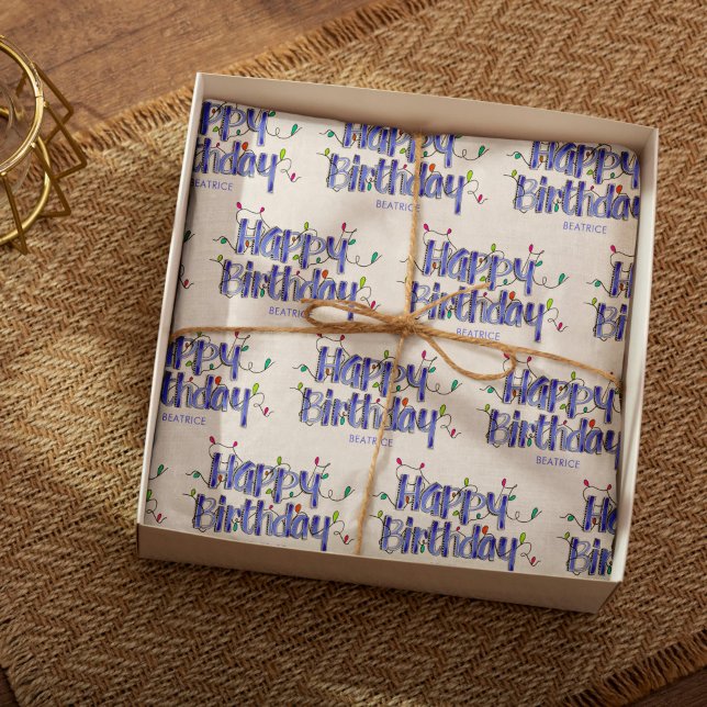 Hand Lettering Dusty Blue Customized Birthday Tissue Paper (Happy Birthday Dusty Blue Lettering Tissue Paper)