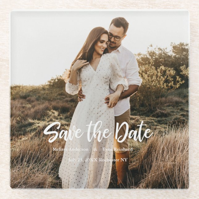 Hand Lettering photo Save the Date Glass Coaster (Front)