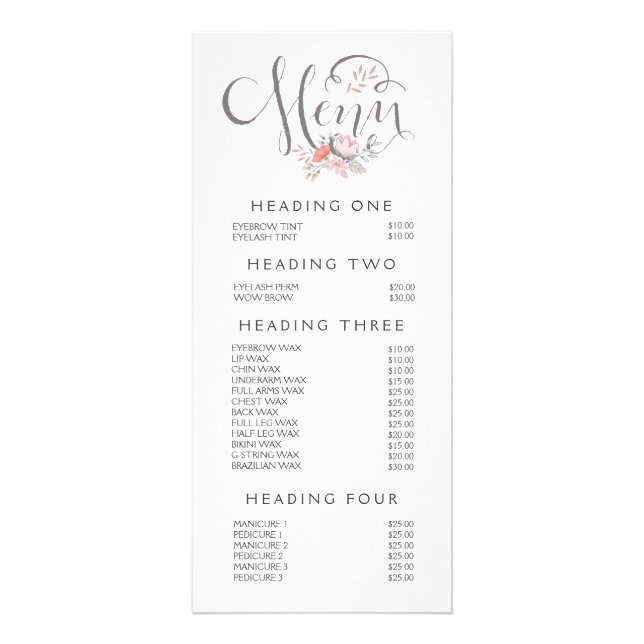 Hand Lettering Salon Stylist Menu Price List (Front)