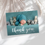 hand lettering thank you birth announcement card<br><div class="desc">A modern script lettering design with a lovely photo of the newborn and simple white text. You can personalize the text,  image and colours.</div>