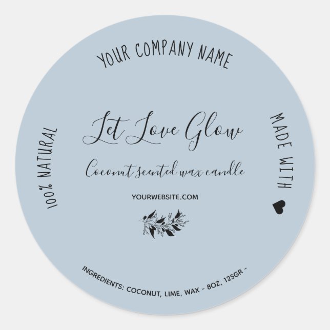 Hand made craft logo candle dusty blue classic round sticker (Front)