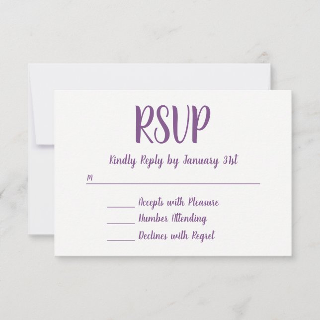 Hand Made Font Script Purple and White RSVP Card (Front)