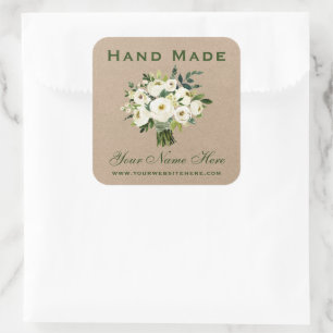 Hand Made Green Watercolor Floral Kraft Small Square Sticker