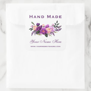 Hand Made Purple Violet Watercolor Floral Small Square Sticker