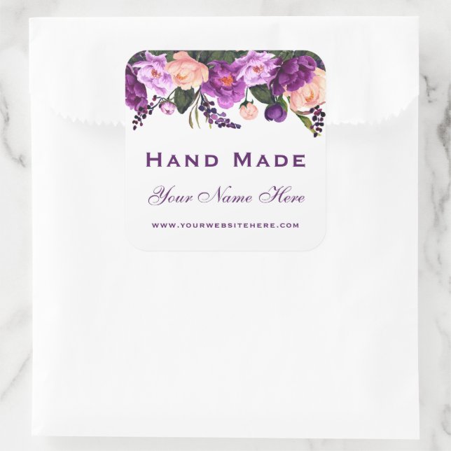 Hand Made Purple Watercolor Floral Small Square Sticker (Bag)