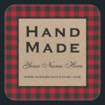 Hand Made Red Plaid Kraft Square Sticker<br><div class="desc">Hand Made Red Buffalo Plaid Kraft Square Sticker</div>