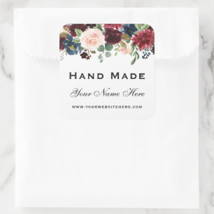 Hand Made Watercolor Burgundy Blue Floral Small Square Sticker