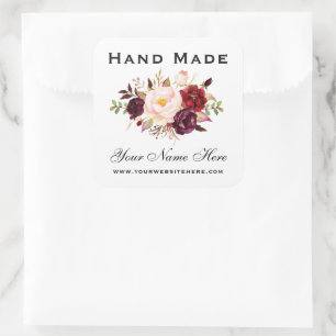 Hand Made Watercolor Floral Burgundy Small Square Sticker