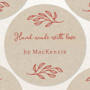 Hand Made With Love Brown Paper Botanical Leaf  Classic Round Sticker