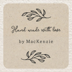 Hand Made With Love Brown Paper Botanical Leaf Square Sticker