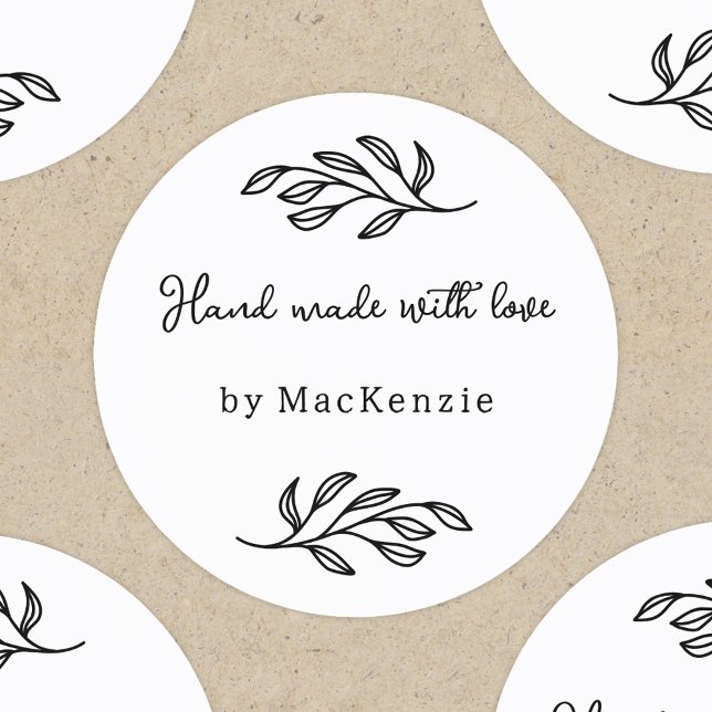 Hand Made With Love Personalized Botanical Leaf  Classic Round Sticker (Personalized hand made with love botanical leaf line art stickers for small business makers)