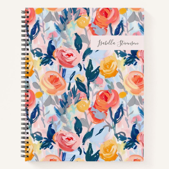 Hand-Painted Abstract Floral Personalized Blue Notebook (Front)