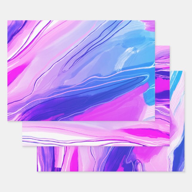 Hand painted abstract painting marbled purple blue wrapping paper sheet (Set)