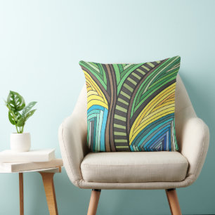 Hand Painted Abstract Tree and Geometry Design Throw Pillow