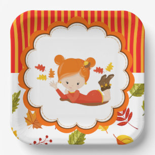 Hand Painted Autumn Adorable Girl   Paper Plate