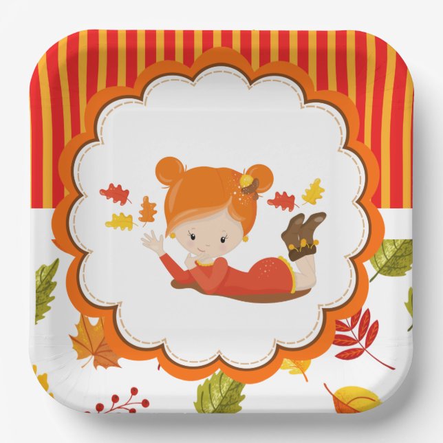 Hand Painted Autumn Adorable Girl   Paper Plate (Front)