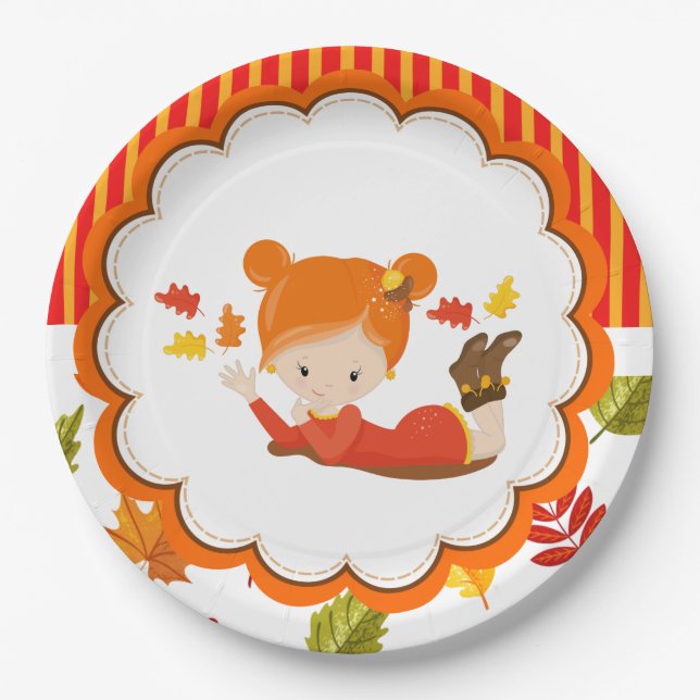 Hand Painted Autumn Adorable Girl  Paper Plate (Front)